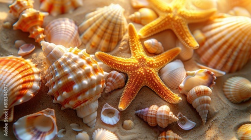  A group of starfish and seashells on a sandy beach, lit by shining sunbeams through the shells