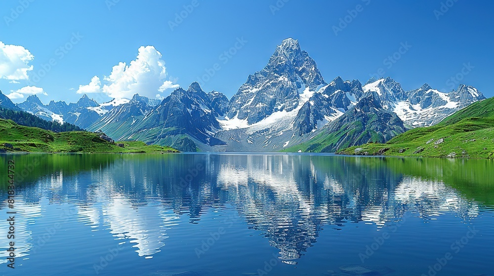   A lake in the foreground reflects a mountain range in both the foreground and background