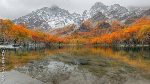   Water surrounded by mountains  orange-yellow trees