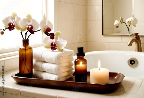 A background of towel bathroom white luxury concept massage candle bath with Bathroom matellic white wellness background towel relax aromatherapy flower and rose flower accessory zen therapy oil