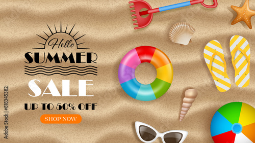 summer sale banner with beach ball, sunglasses, rake, shells and swimming ring on sand