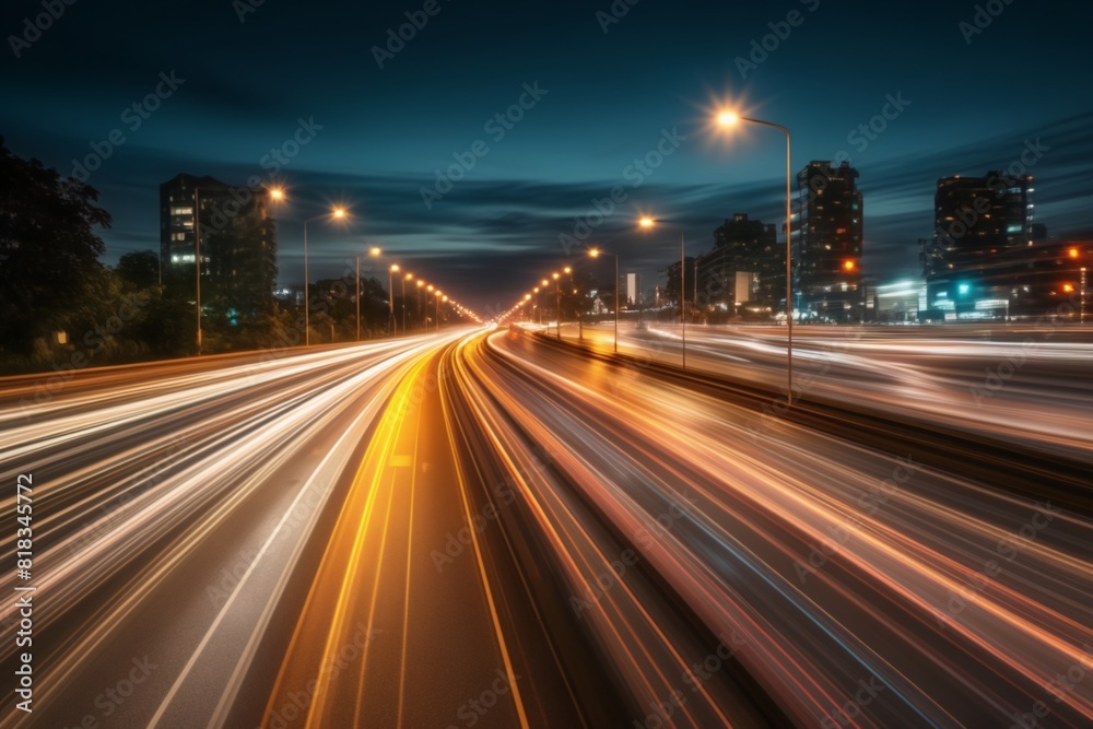 High speed urban traffic city highway at dawn, car headlights in motion blur light effect and long exposure