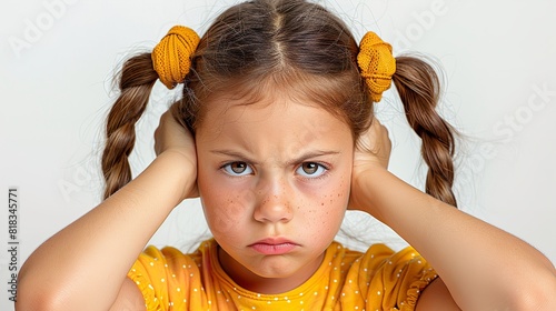 A young female child standing with her hands pressed against her ears in a gesture of covering them photo
