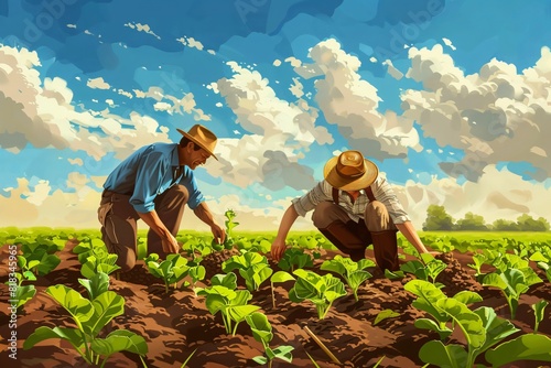 Two farmers are planting in the fields photo