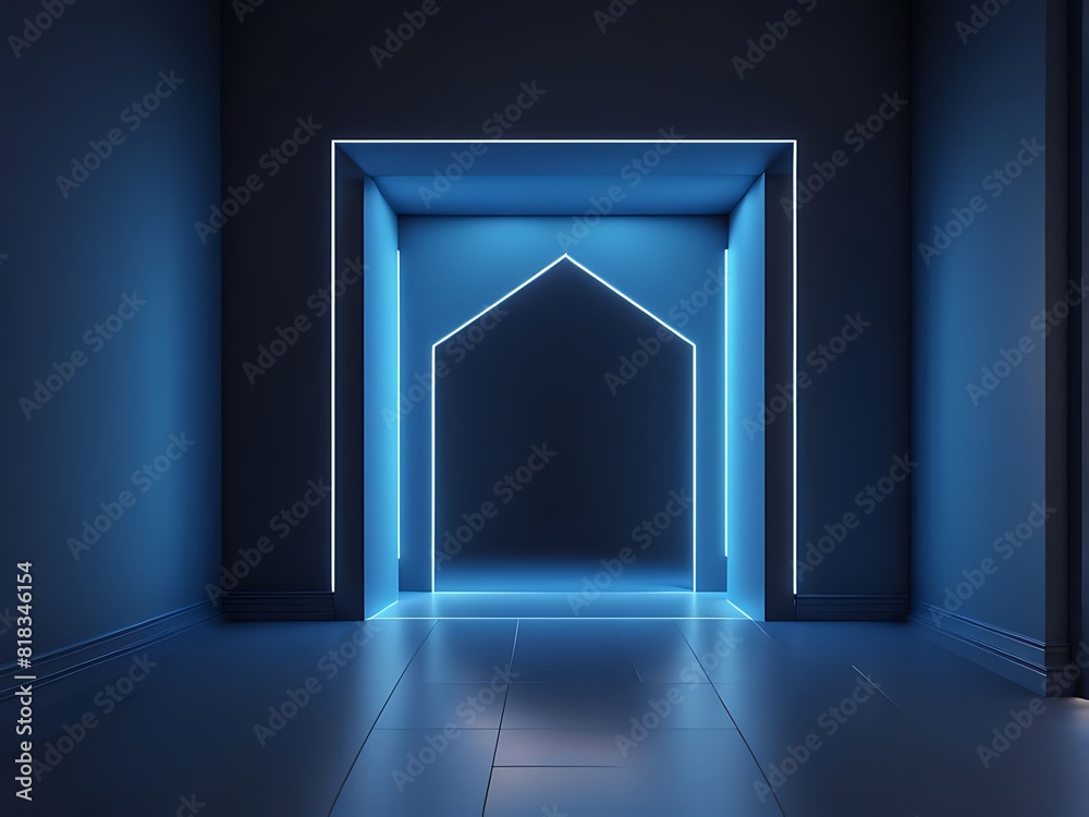  3d render, abstract blue geometric background design. Bright light goes through the door portal inside the empty dark room design. 