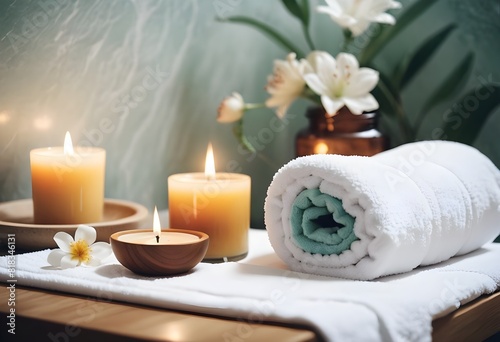 A background of towel bathroom white luxury concept massage candle bath with Bathroom matellic white wellness background towel relax aromatherapy flower and rose flower accessory zen therapy oil