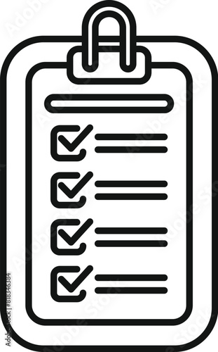 Vector checklist clipboard outline icon with monochrome black and white design for business office supply management and stationery organization and planning. Efficiency and productivity