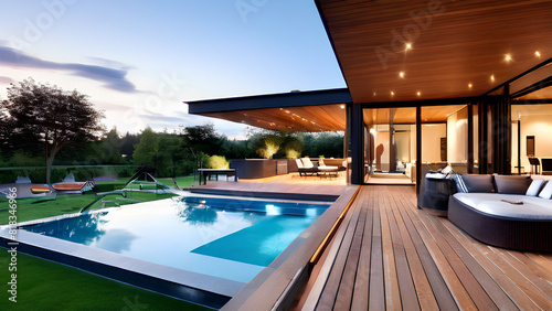 Backyard Oasis - Modern Wooden Terrace with Pool & Outdoor Furniture © Ahsan Ali