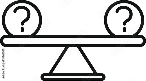 Black and white vector of a balance scale with question marks, symbolizing decision making or uncertainty