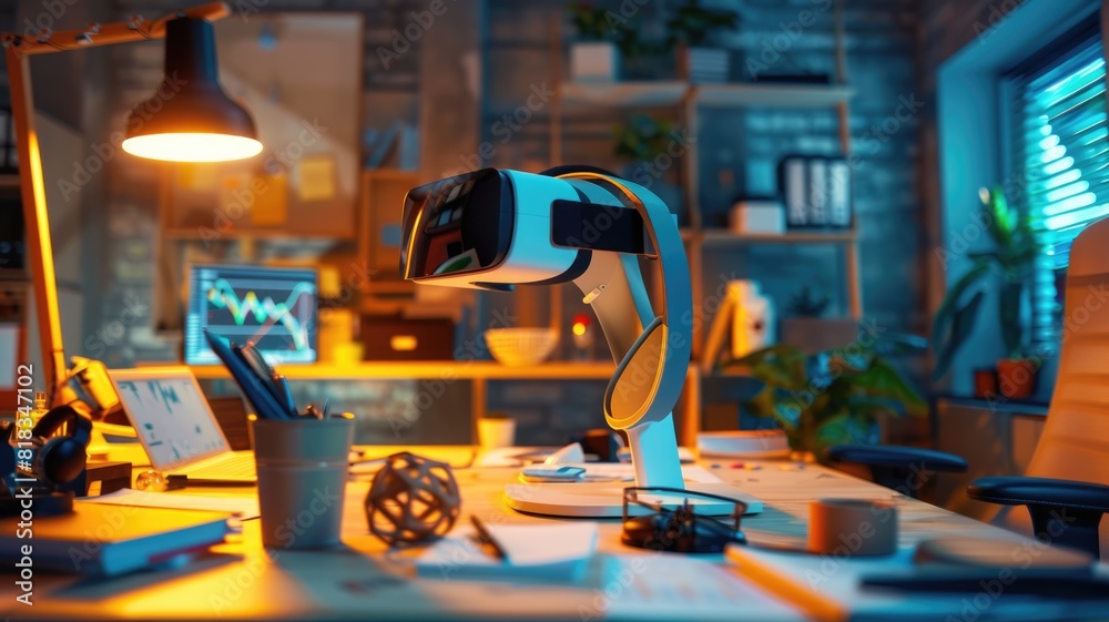 Fototapeta premium VR headset in a high-tech lab highlights cutting-edge technology and immersive virtual experiences
