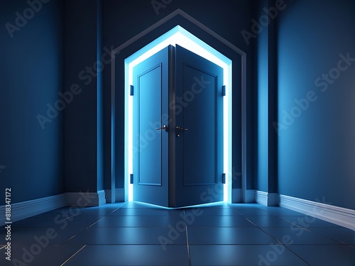  3d render  abstract blue geometric background design. Bright light goes through the door portal inside the empty dark room design. 