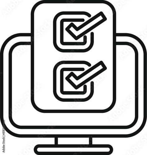 Minimalist flat design online survey completion icon with checkmarks and feedback form for user experience evaluation on computer monitor screen