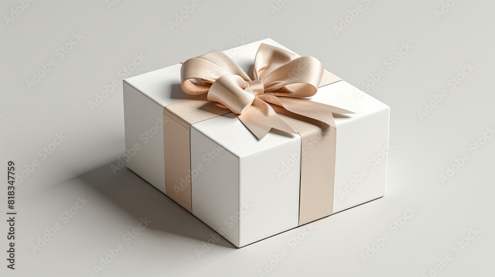 White gift box with beige ribbon, product photography on a white background with soft shadows and clear sharp focus in a minimalist style. White gift box with beige ribbon, product photography on a white background with soft shadows and clear sharp focus in a minimalist style.