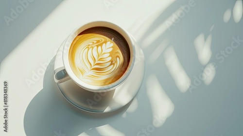 Cup of coffee with latte art on a white table  top view  for product photography  high quality retouching  for a magazine or commercial advertising shoot with super detailed latte art.