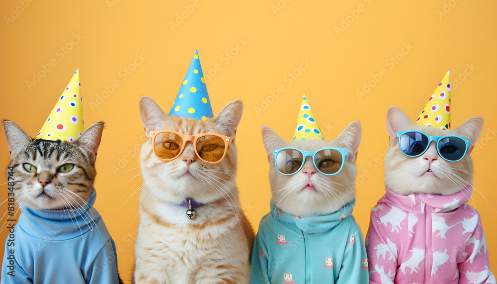 Creative animal concept. Group of cat in funky Wacky wild mismatch colourful outfits isolated on bright background advertisement Creative animal concept. Group of cat in funky Wacky wild mismatch colourful outfits isolated on bright background advertisement