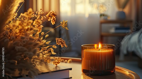 An amber candle in a glass jar  standing on a table next to dried flowers and a book  in a room filled with warm light from the window  creating a cozy atmosphere.