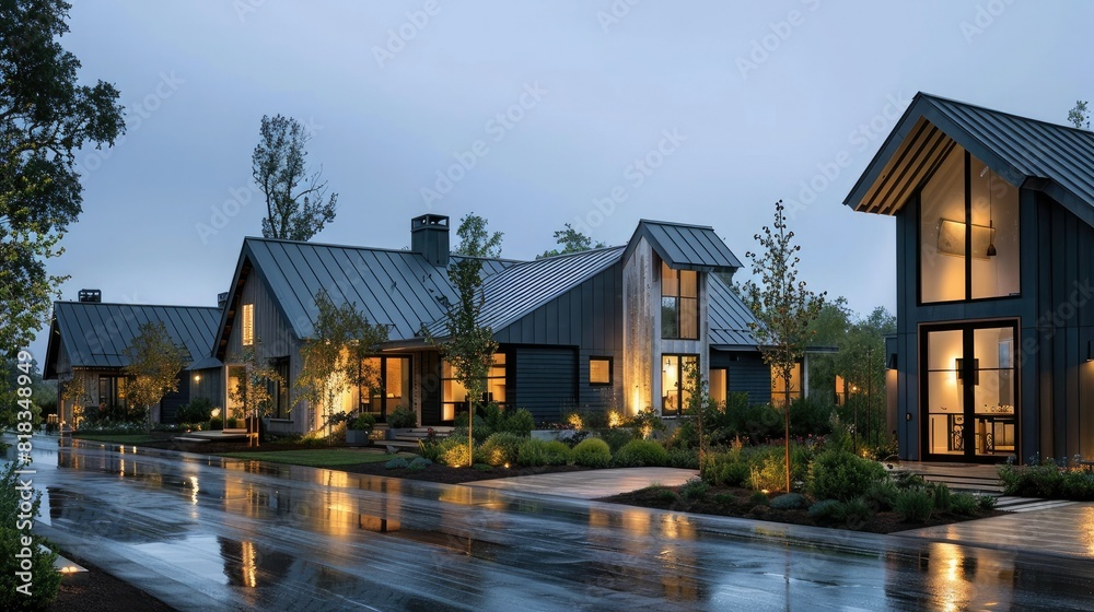 A row of modern townhouses with low roofs, a light gray color scheme and metallic accents. The houses have large windows and the front facades feature small gardens and street lights.