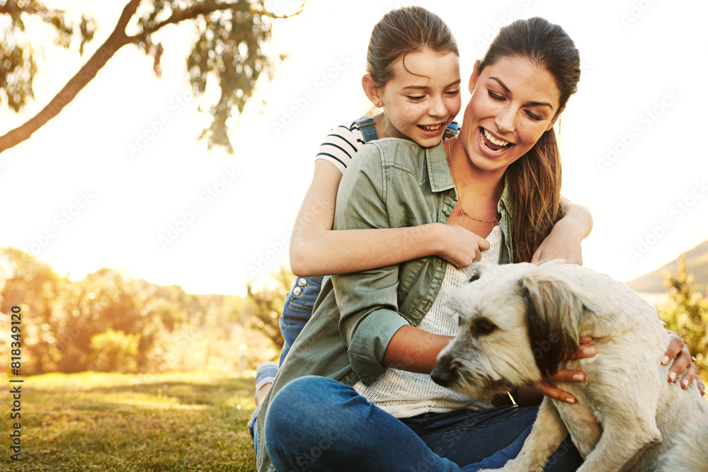 Park, mother and girl with dog, kid and sunshine with weekend break, happiness and summer. Countryside, single parent and mama with daughter, animal and pet with lens flare, fun and child with smile Park, mother and girl with dog, kid and sunshine with weekend break, happiness and summer. Countryside, single parent and mama with daughter, animal and pet with lens flare, fun and child with smile
