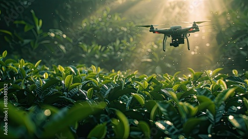 A drone with a sprayer mounted on it sprays the plants, and sunlight penetrates through the trees. A wide-angle lens is used to capture detail and create a sense of depth.