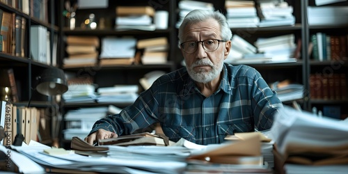 Image of frustrated retiree organizing charity fundraiser amidst cluttered desk paperwork. Concept Retirement, Fundraising, Organization, Frustration, Clutter photo