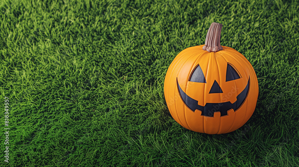 Obraz premium Jack lantern on vibrant green grass. Halloween theme with contrasting colors and playful mood