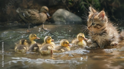Cute fluffy kitten playing with ducklings in the water, in style, natural light, beautiful scene,