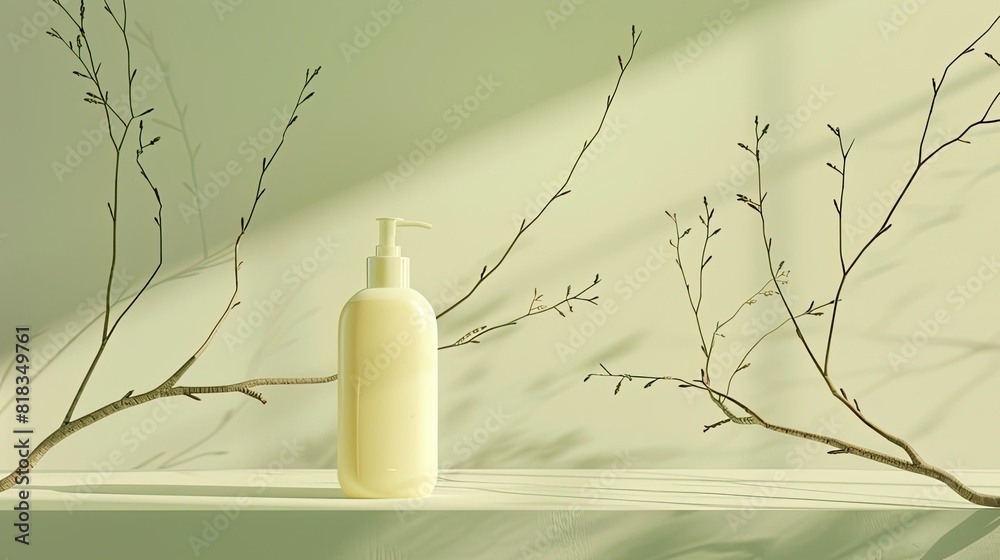 product photography, branch with a bottle of liquid soap, light green background, minimalistic, natural lighting, minimalistic natural lighting style. product photography, branch with a bottle of liquid soap, light green background, minimalistic, natural lighting, minimalistic natural lighting style.