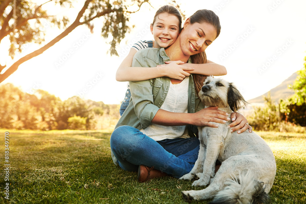 Park, mother and girl with dog, fun and sunshine with weekend break, happiness and summer. Family, single parent and mama with daughter, animal and pet with nature playing and smile with environment