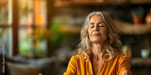 Woman in her middle age meditates at home, closing her eyes to relax her body and mind. Concept Meditation, Relaxation, Mindfulness, Middle Age, Home Setting