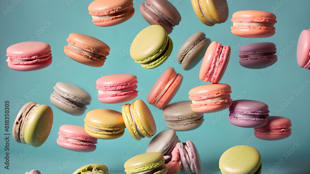 Flying colorful macarons background, Generative AI Flying colorful macarons background, Generative AI