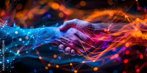 Businessmen shake hands over global stock market graph and network connections. Concept Stock Market Analysis, Global Business Networks, Corporate Partnerships, Financial Agreements photo