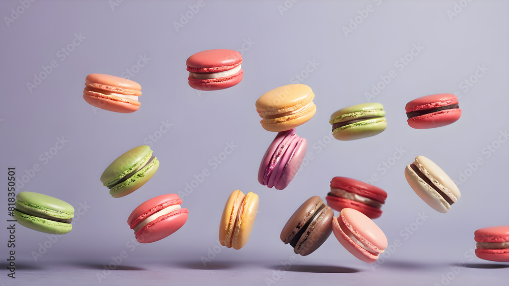 Flying colorful macarons background, Generative AI Flying colorful macarons background, Generative AI