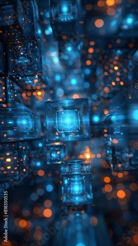 A blue backdrop featuring 3d cubes in a technology concept background with glowing lights. 