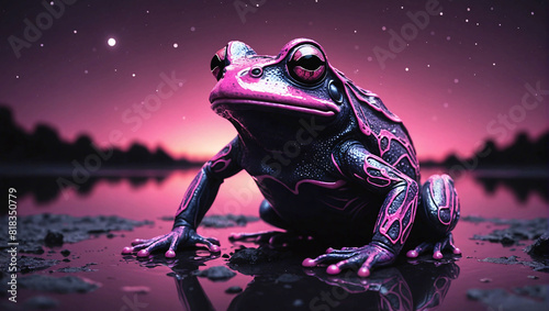 a frog sitting on a rock in the night
