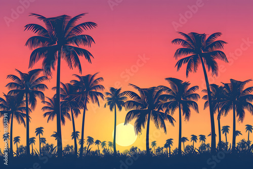 Silhouette of palm trees at tropical sunrise or sunset