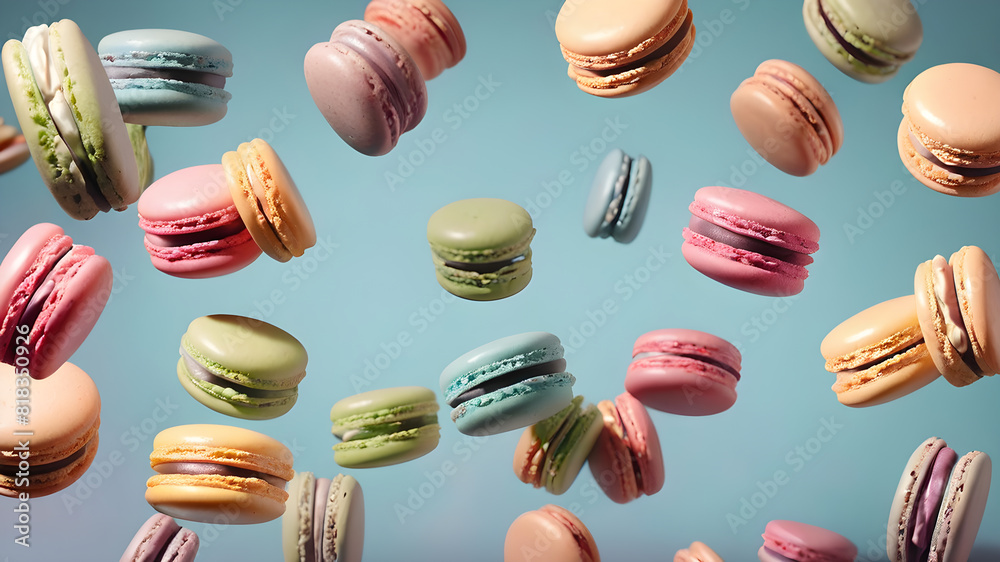 Flying colorful macarons background, Generative AI Flying colorful macarons background, Generative AI