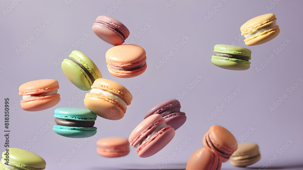 Flying colorful macarons background, Generative AI Flying colorful macarons background, Generative AI
