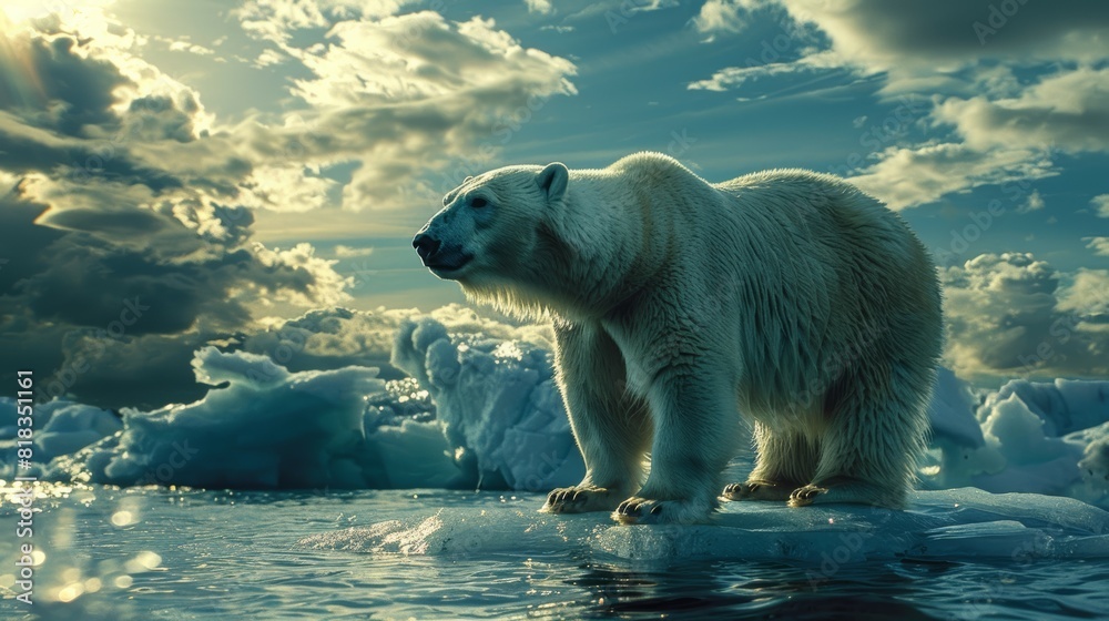 Polar bear standing on an ice floe, surrounded by arctic landscapes, with cinematic photography