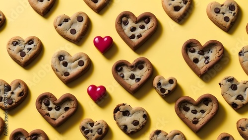 National chocolate chip day  chocolate chip cookies in shapes of hearts  suitable for advertisement banner ad  yellow background theme