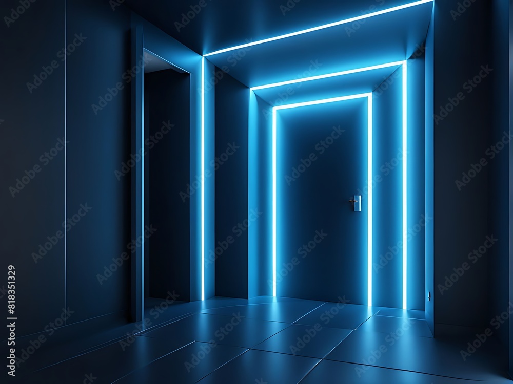 3d render, abstract blue geometric background design. Bright light goes through the door portal inside the empty dark room design. 3d render, abstract blue geometric background design. Bright light goes through the door portal inside the empty dark room design.