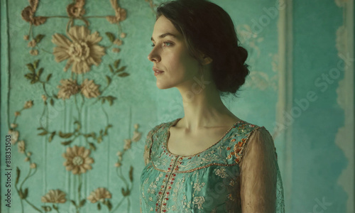 Ritratto di donna in abito ricamato su sfondo di camera romantica in luce soffusa e atmosfera nostalgica sognante photo