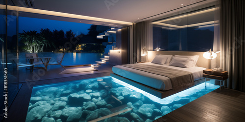 A chic bedroom with a glass floor  providing a stunning view of a geometrically shaped swimming pool below  with underwater lighting creating a mesmerizing ambiance.