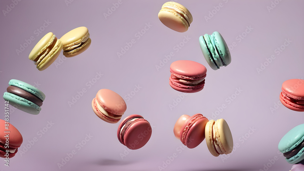 Flying colorful macarons background, Generative AI Flying colorful macarons background, Generative AI