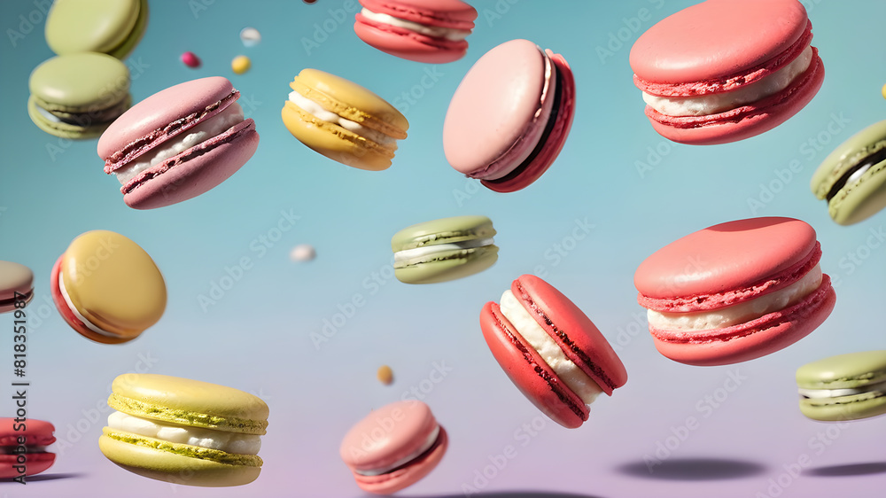 Flying colorful macarons background, Generative AI Flying colorful macarons background, Generative AI
