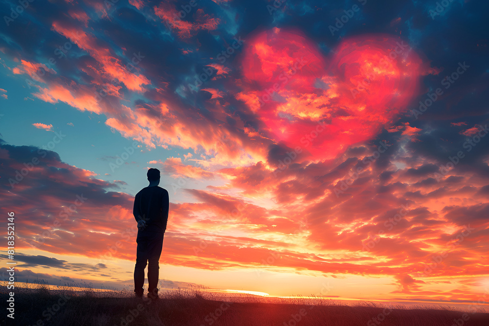 Man praying at sunset Red heart shaped clouds at sunset. Beautiful love background with copy space. Valentine's Day concept.