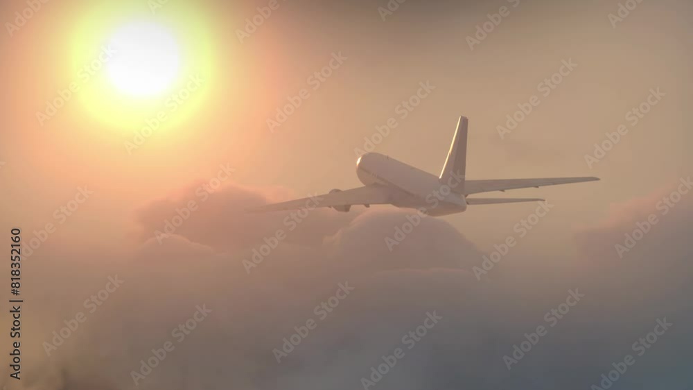 a passenger plane aircraft flies against the background of sunset across the sky against the background of clouds and the sun 3D cycle loop render a passenger plane aircraft flies against the background of sunset across the sky against the background of clouds and the sun 3D cycle loop render