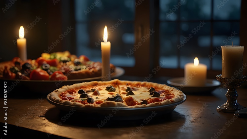 Pizza party day with a cinematic twist, a dark and moody atmosphere with flickering candlelight and the aroma of freshly baked pizza Pizza party day with a cinematic twist, a dark and moody atmosphere with flickering candlelight and the aroma of freshly baked pizza