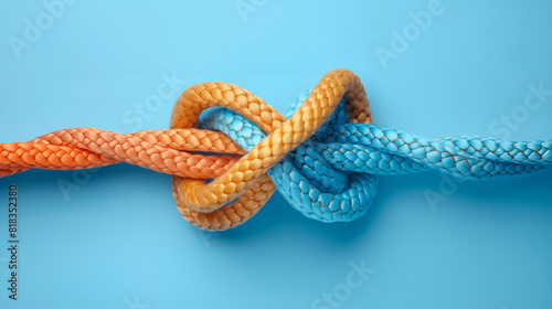 two ropes of different colors tied into a knot, pastel background, concept of infinity and connection, relationships and friendship