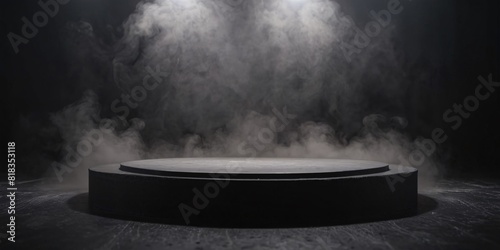 Podium dark smoke black background product platform stage fog spotlight, concrete table wall scene place display studio smoky dust