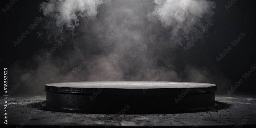 Podium dark smoke black background product platform stage fog spotlight, concrete table wall scene place display studio smoky dust